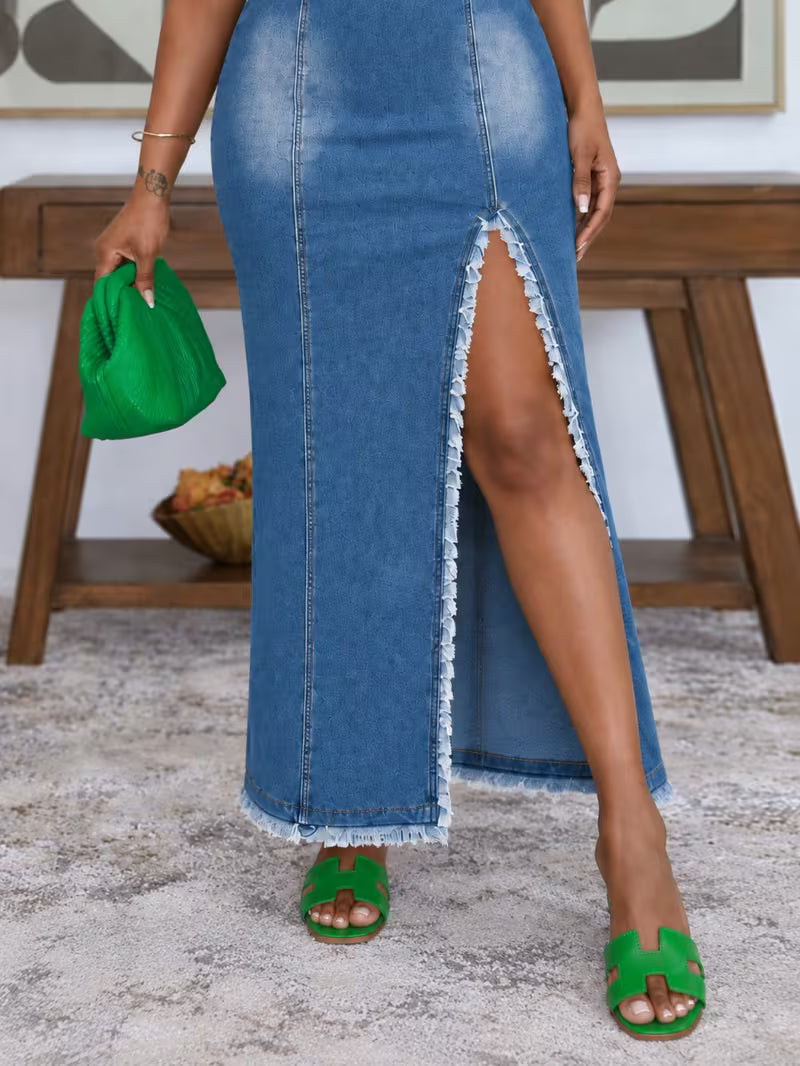 FZ Women's V-Neck Frayed Edges Lace Trim High Slit Denim  Dress,