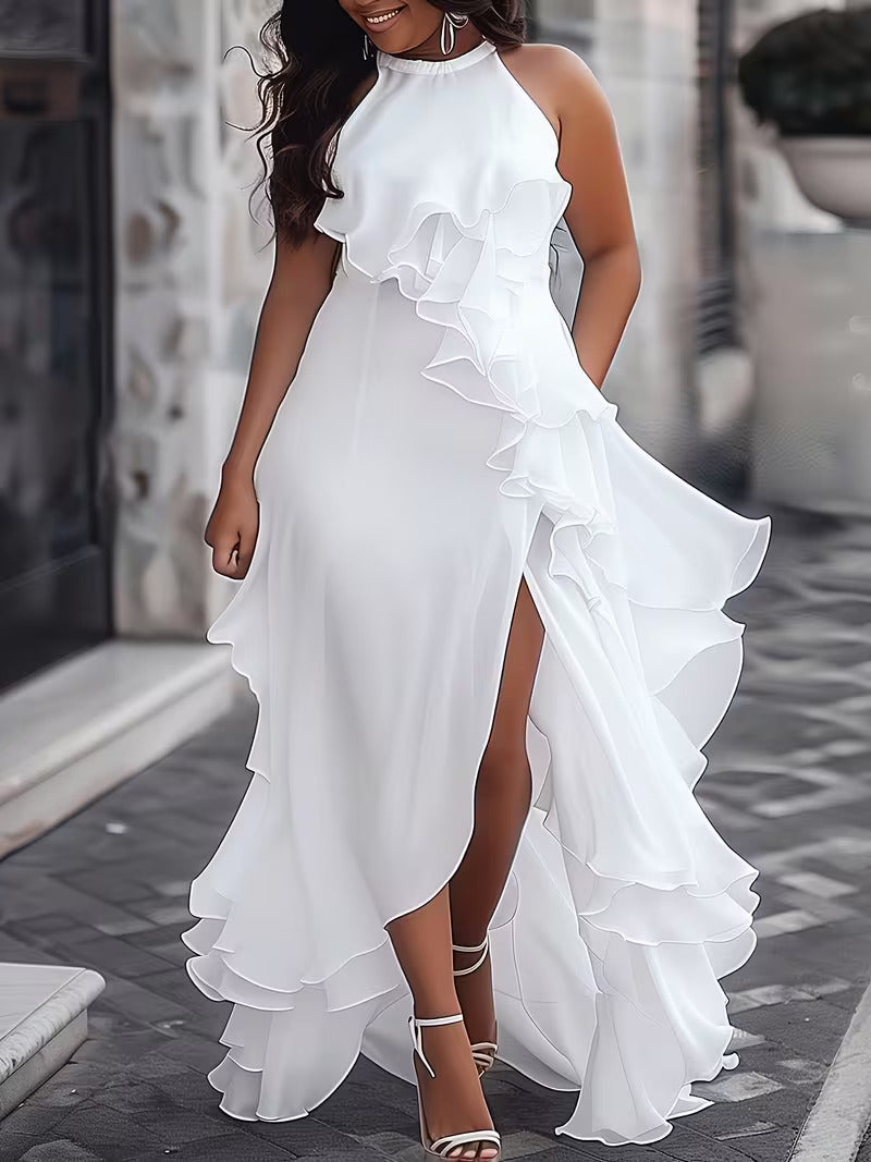 FZ Women's Plus Size White Halter Slit Asymmetrical Maxi Dress