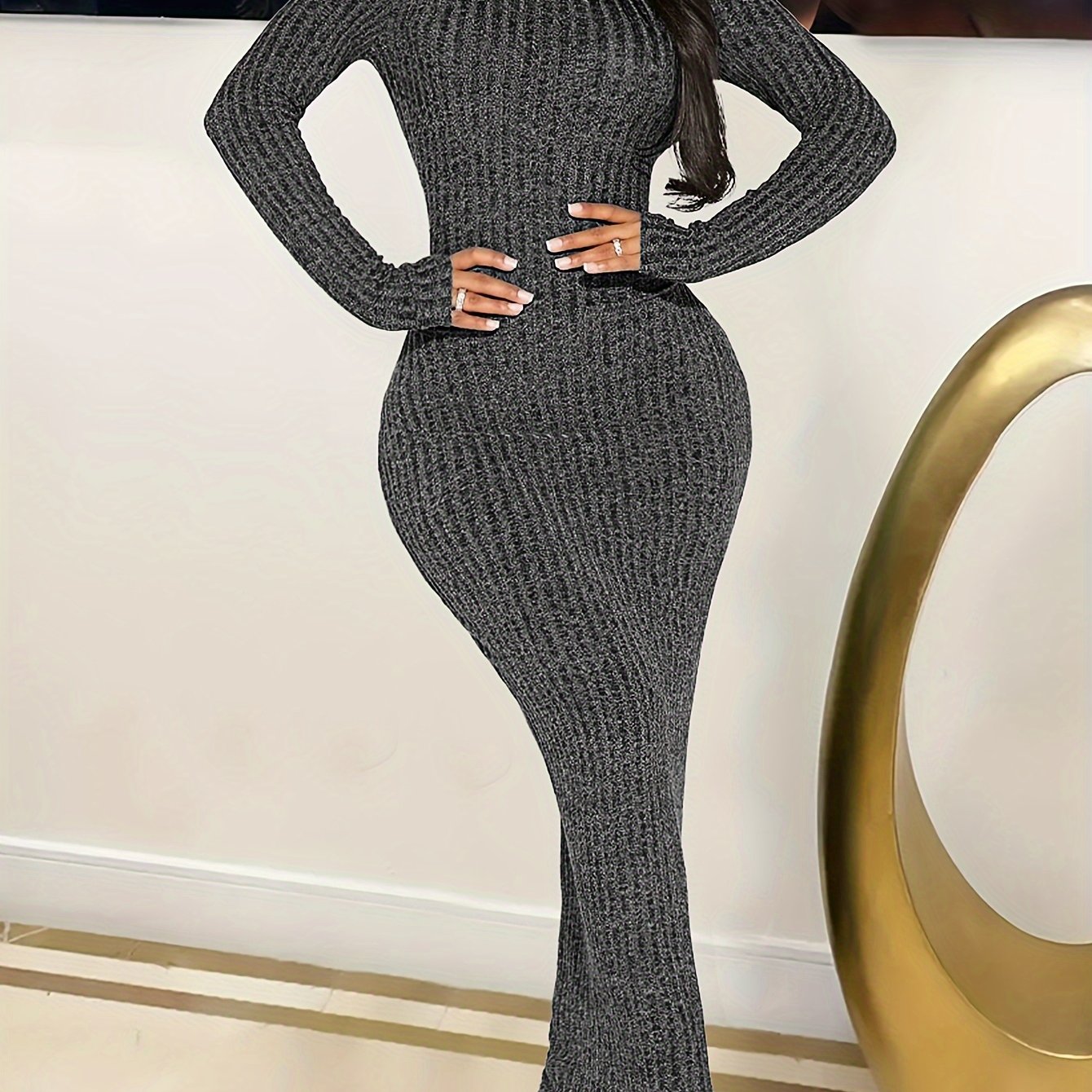 FZ Women's High Neck Stretchy Sleeve Side Slit Sweater Dress