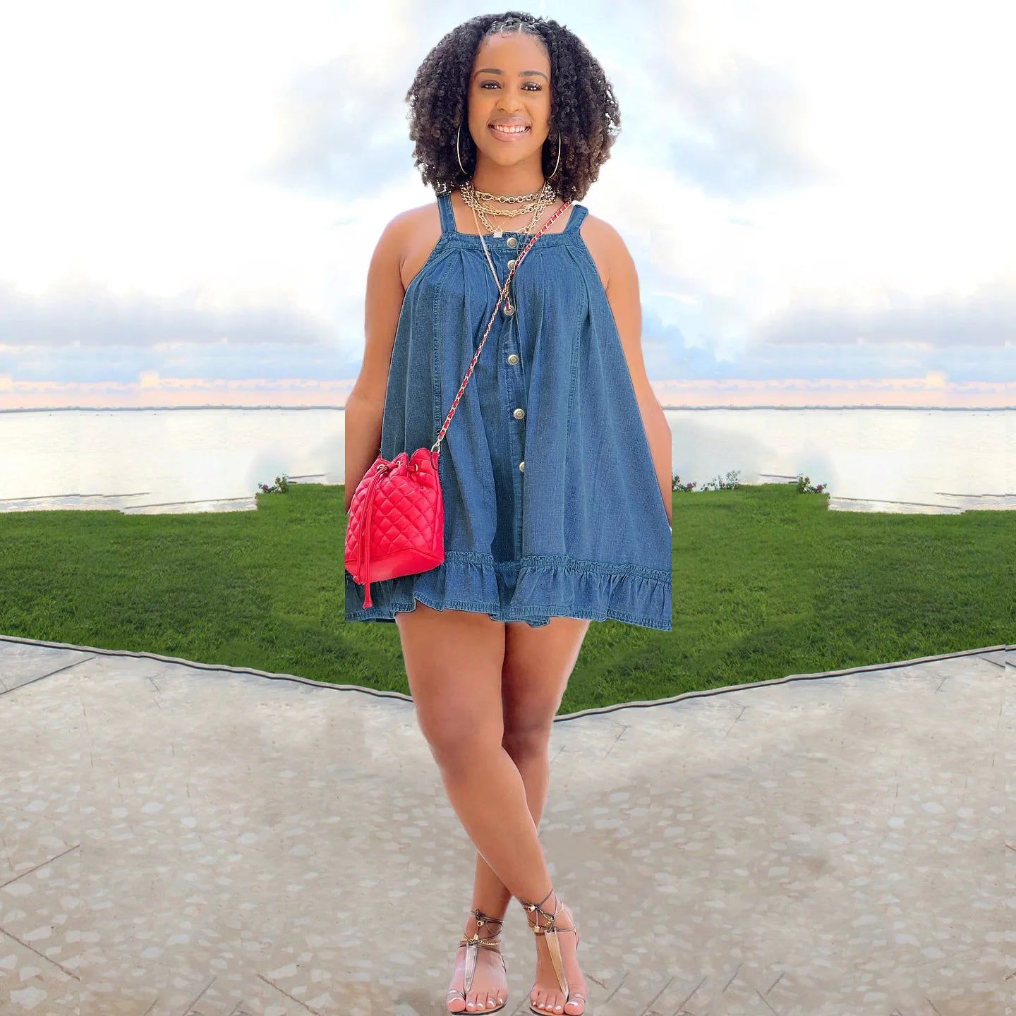 FZ Women's Spaghetti Strap Ruffles Hem Loose A-line Denim Dress