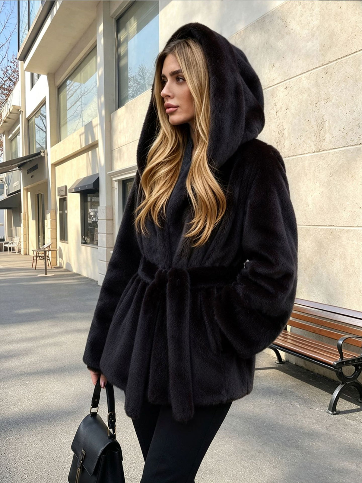 FZ Women's Faux Fur Mid Length Hooded Belted Jacket