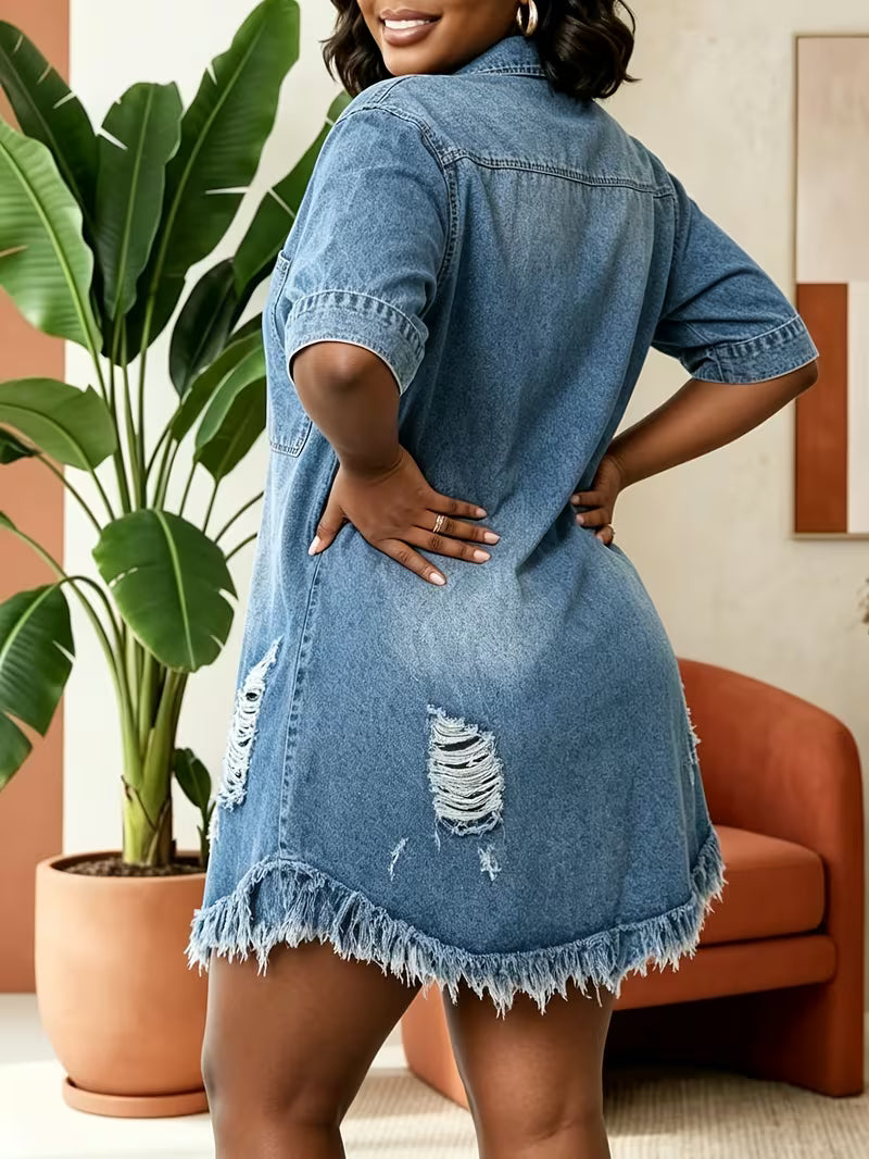 FZ Women's Plus Size Distressed Ripped Frayed Hem Denim Shirt Dress