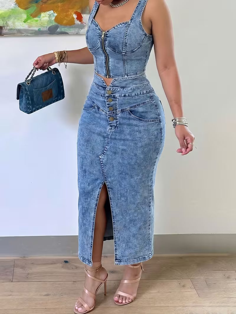 FZ Women'S Washed High Waist Slit Midi 2pcs Denim Skirt Suit