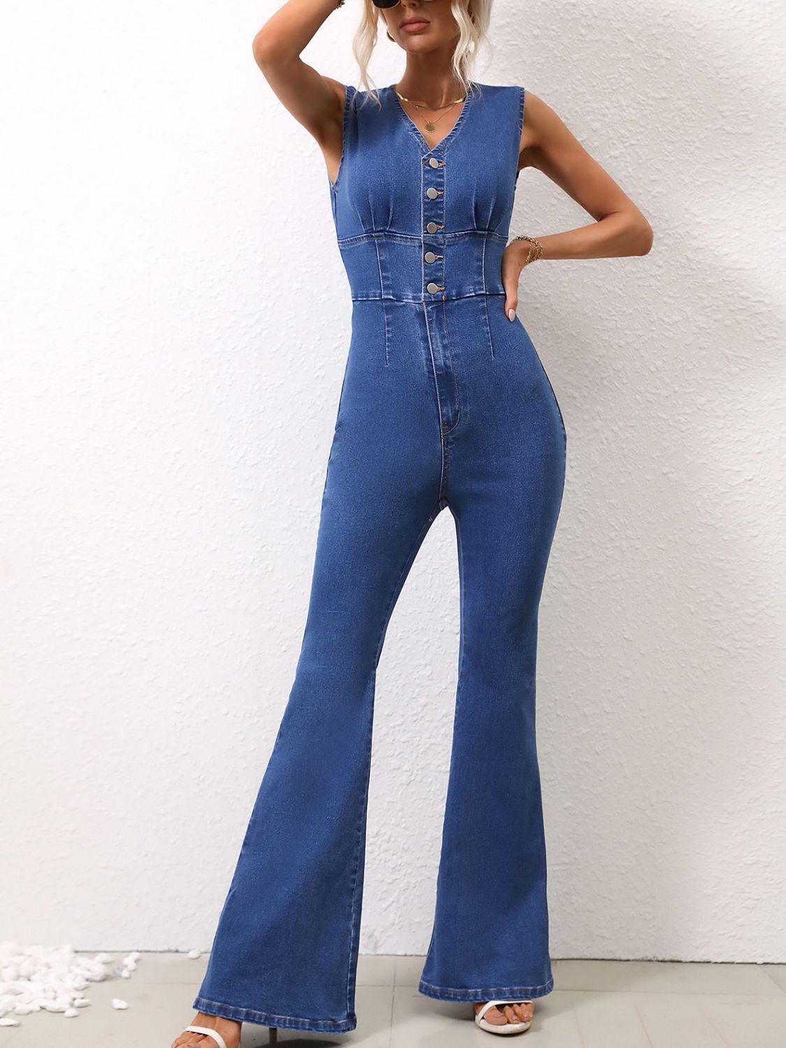 V-Neck Sleeveless Denim Jumpsuit Trendsi