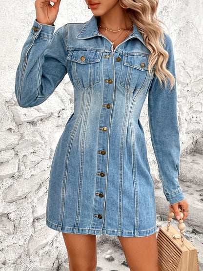 Pocketed Button Up Long Sleeve Denim Dress Trendsi