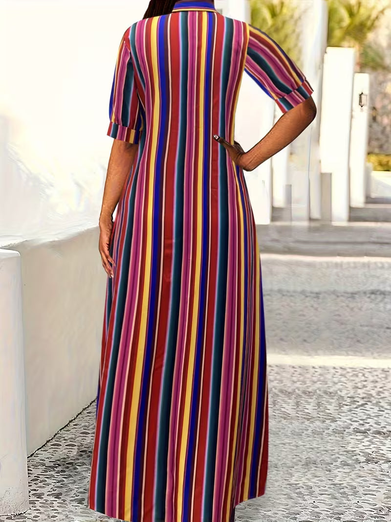 FZ Women's Bohemian Striped Shirt-Style Collar Half Sleeve Maxi Dress