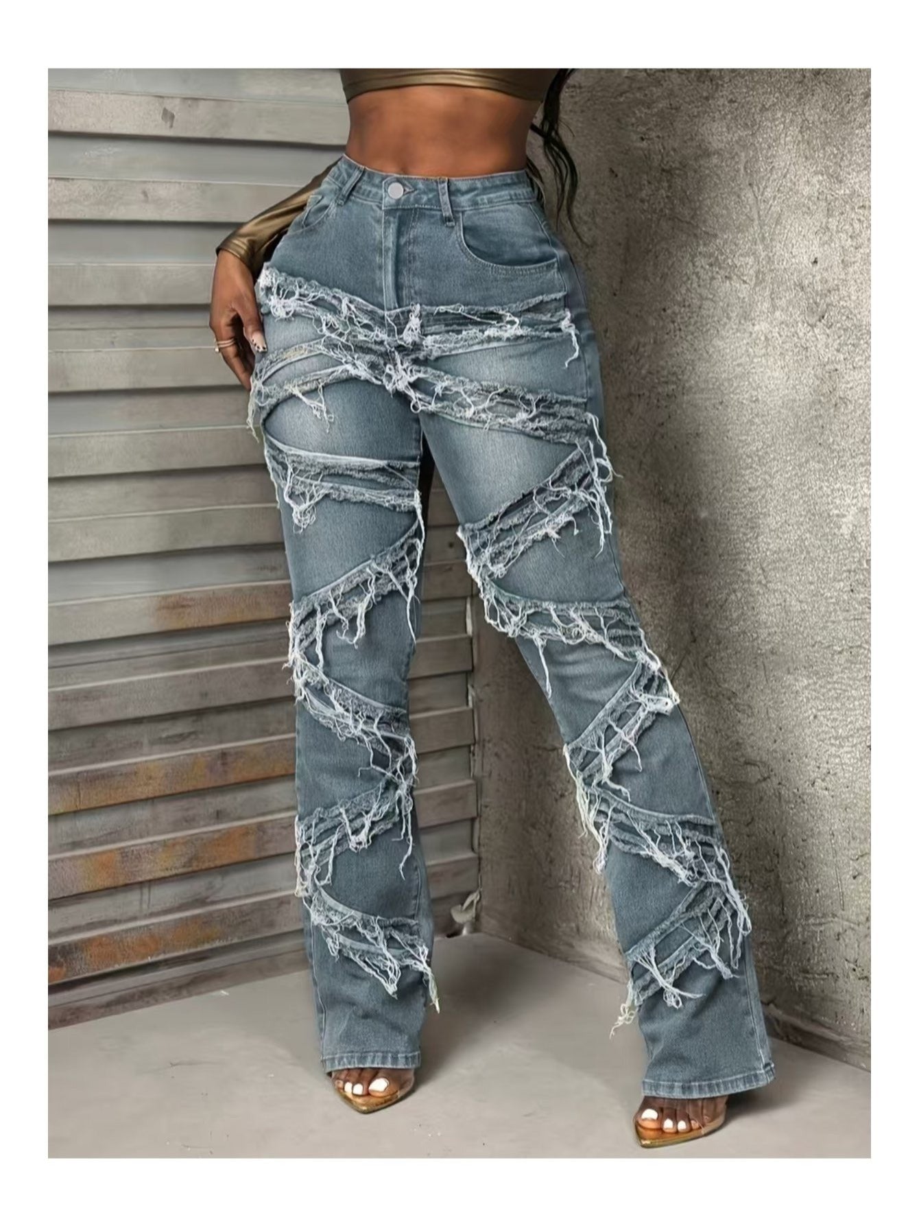 FZ Women's Laminated hole washed straight tube fringe Denim Pants