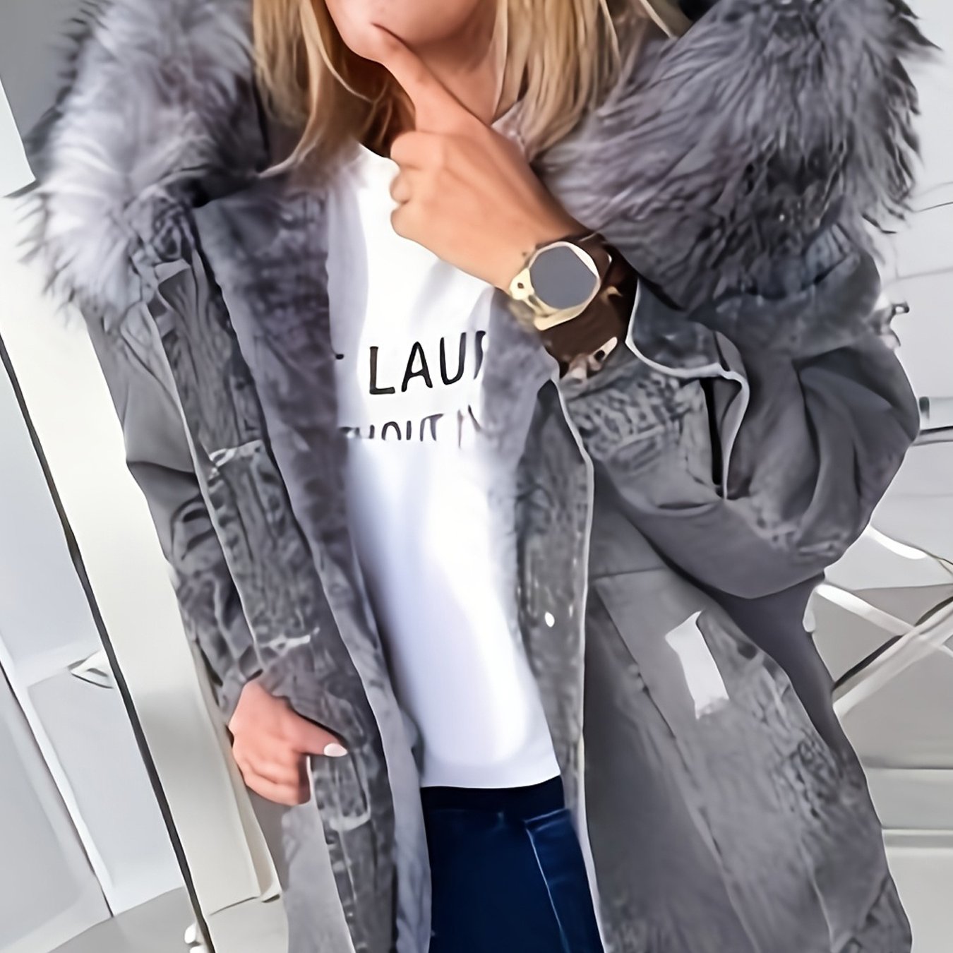 FZ Women's Slim-Fit Mid-Length Single-Breasted Faux-Fur Collar Denim Jacket