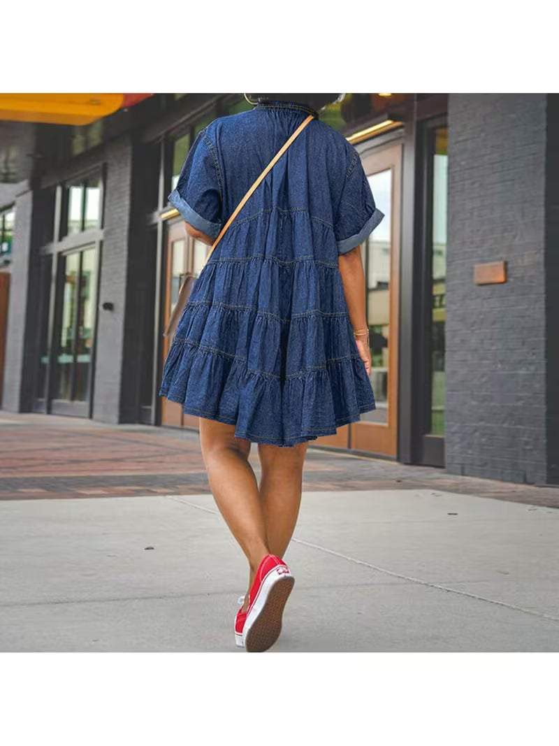 FZ Women's Plus Size Loose Lapel Short Sleeve Shaggy Denim Dress