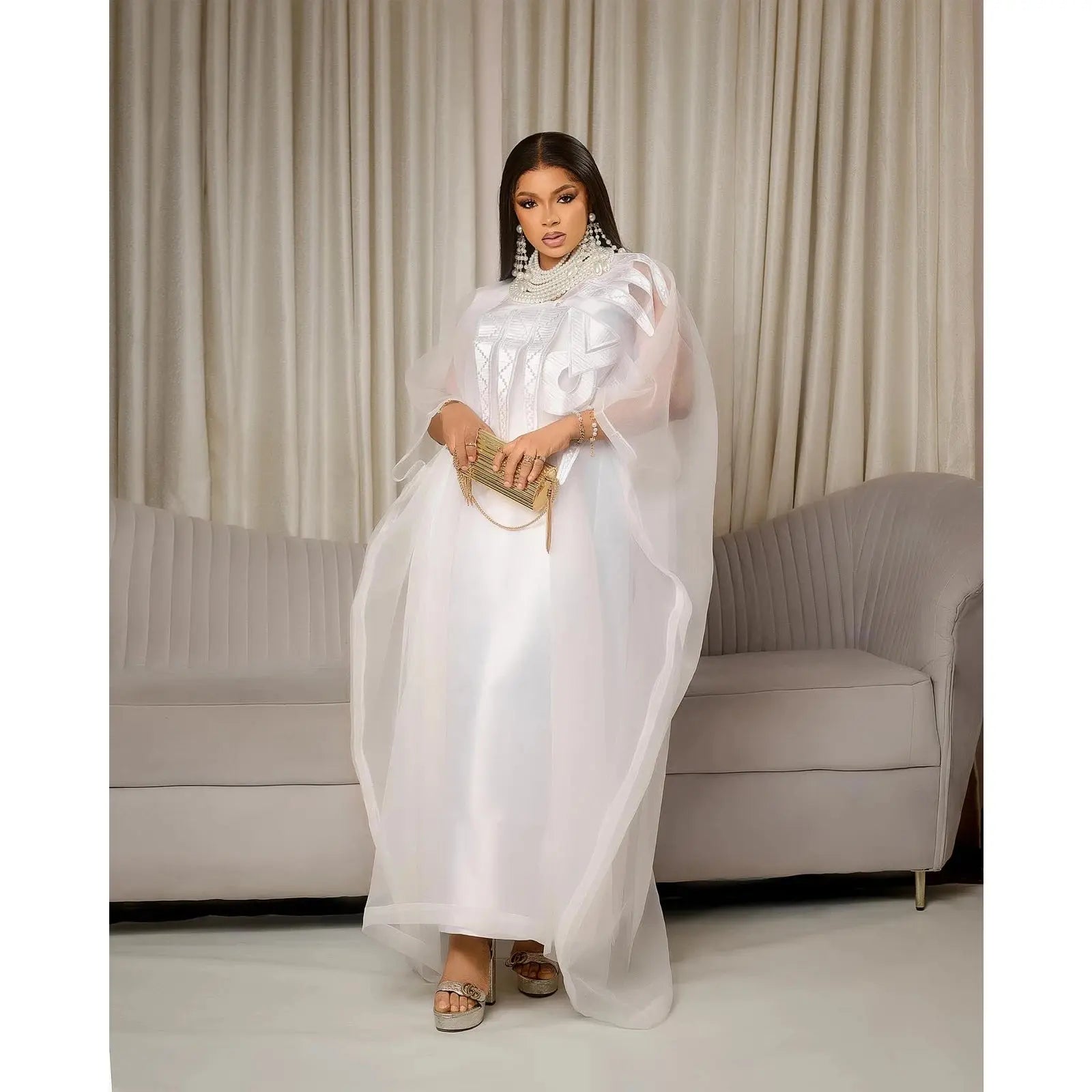 African Attire For Women White Abaya Embroidery Plus Size Elegant Party Church Dress FZwear