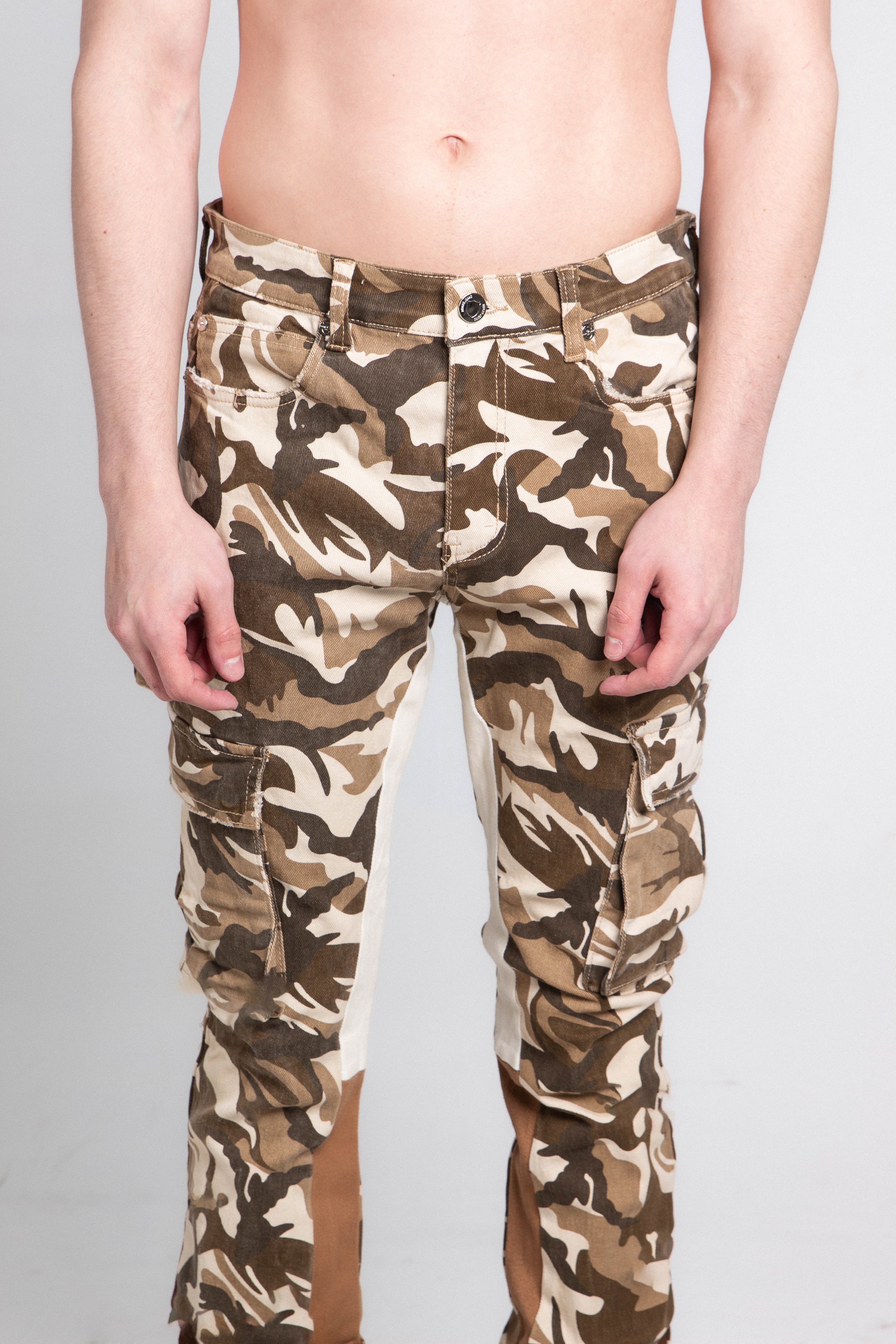 AJS699-11 BROWN CAMO STACKED PANTS