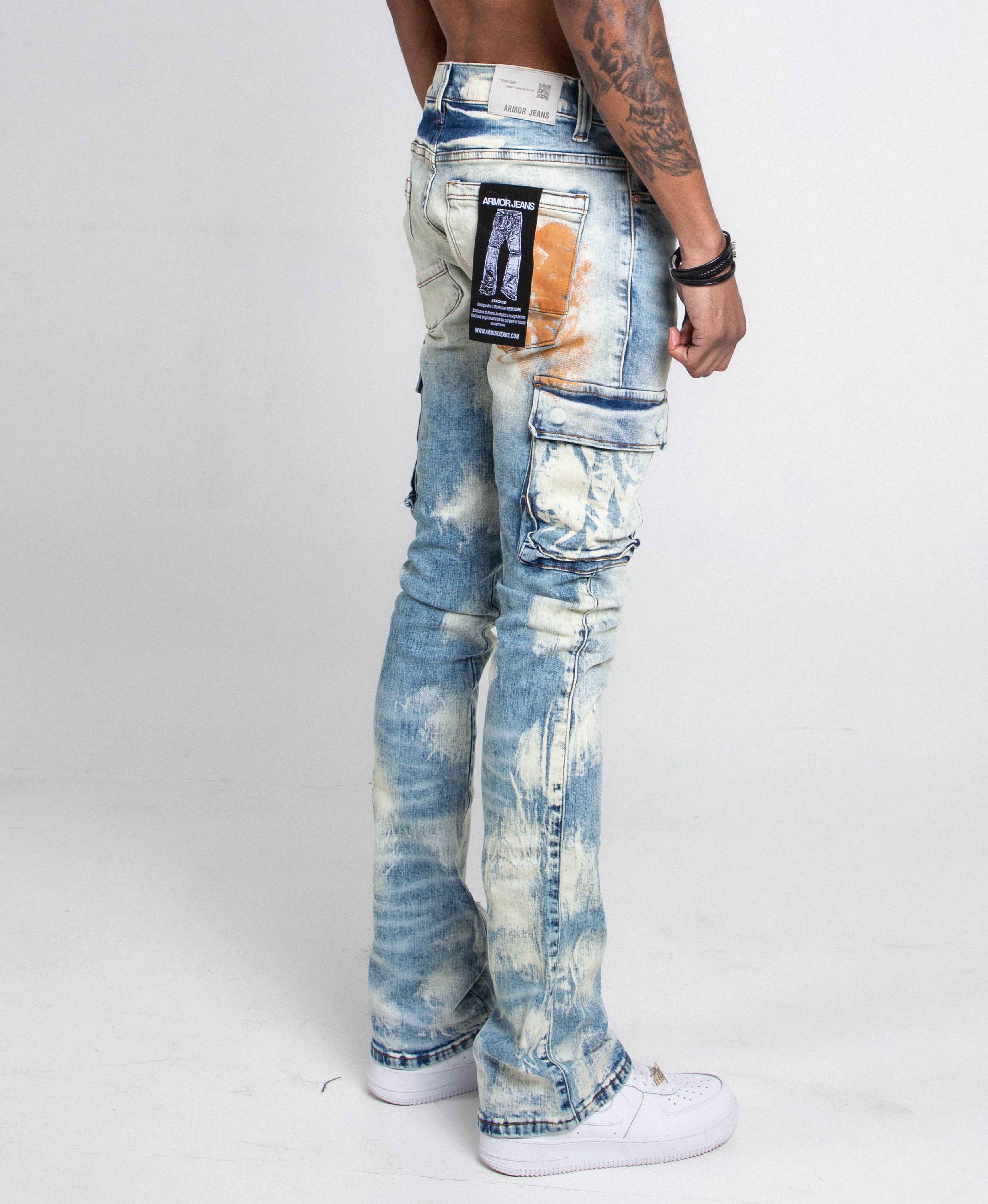 AJ29SK GREY/WHITE WASH STACKED CARGO JEANS PANTS