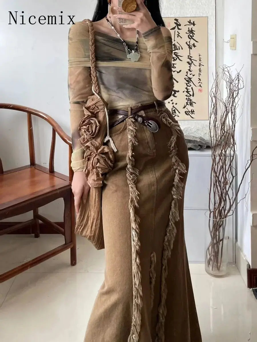 Autumn Fringe Denim Skirts for Women French Retro Khaki Brown Fishtail Skirt Spicy Girls High Waist Loose Causal Long Skirt FZwear