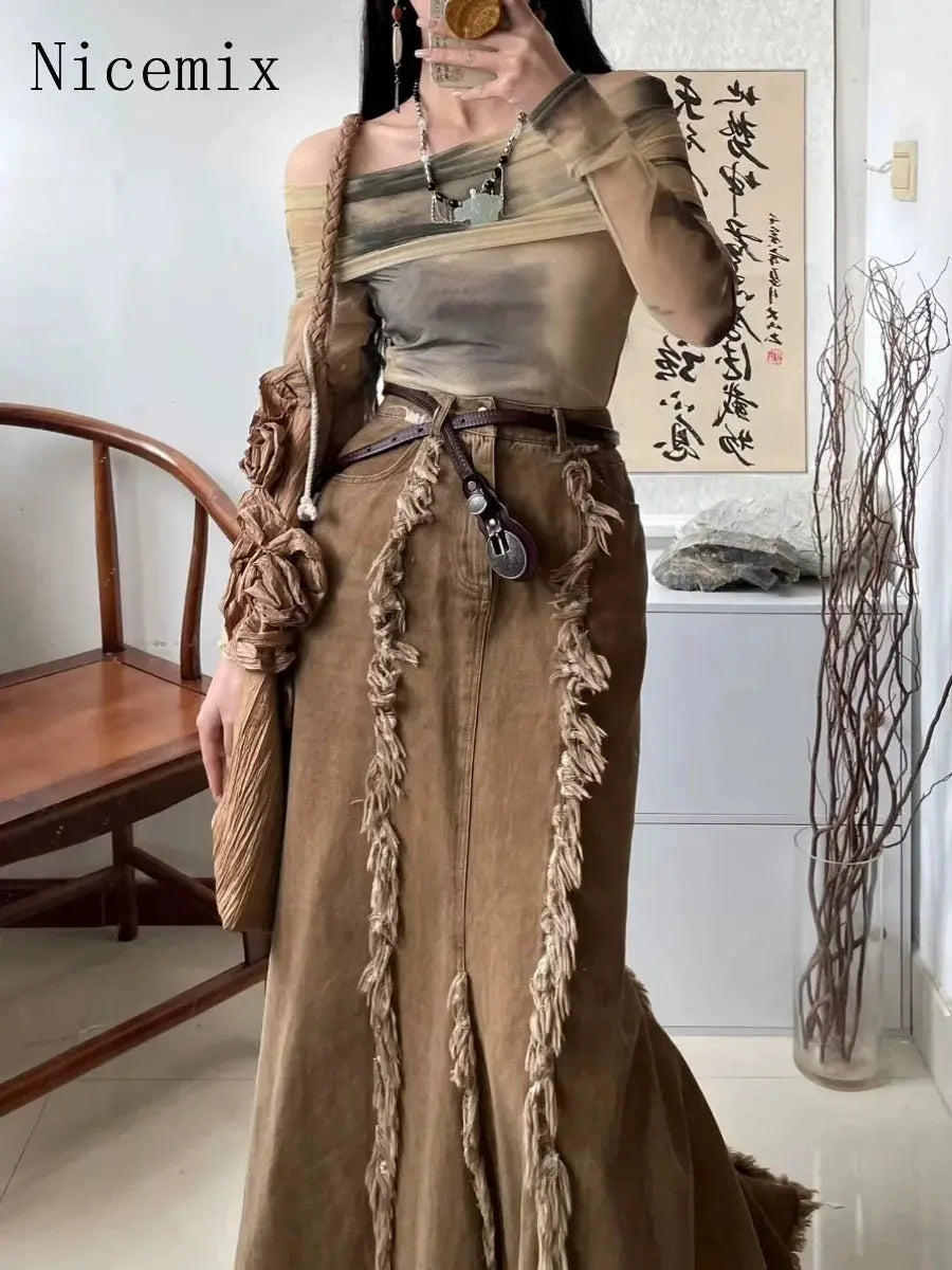 Autumn Fringe Denim Skirts for Women French Retro Khaki Brown Fishtail Skirt Spicy Girls High Waist Loose Causal Long Skirt FZwear