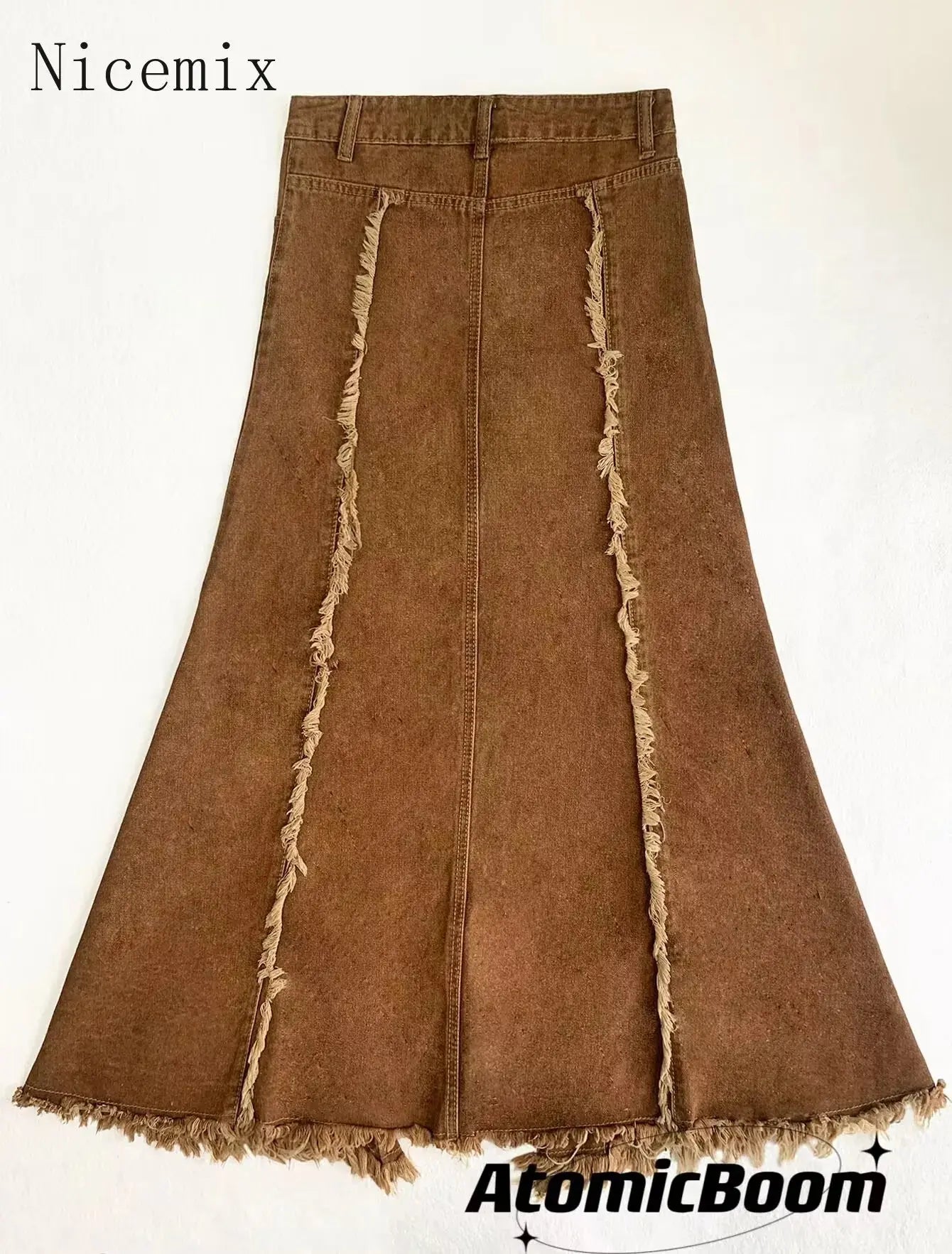 Autumn Fringe Denim Skirts for Women French Retro Khaki Brown Fishtail Skirt Spicy Girls High Waist Loose Causal Long Skirt FZwear