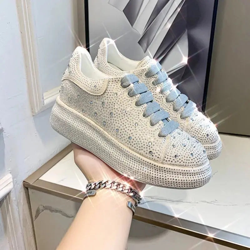 Autumn Spring Women Platform Shoes Rhinestones Thick-soled White Silver Shoes Shining Crystal Sneakers Trend Casual Sneakers FZwear