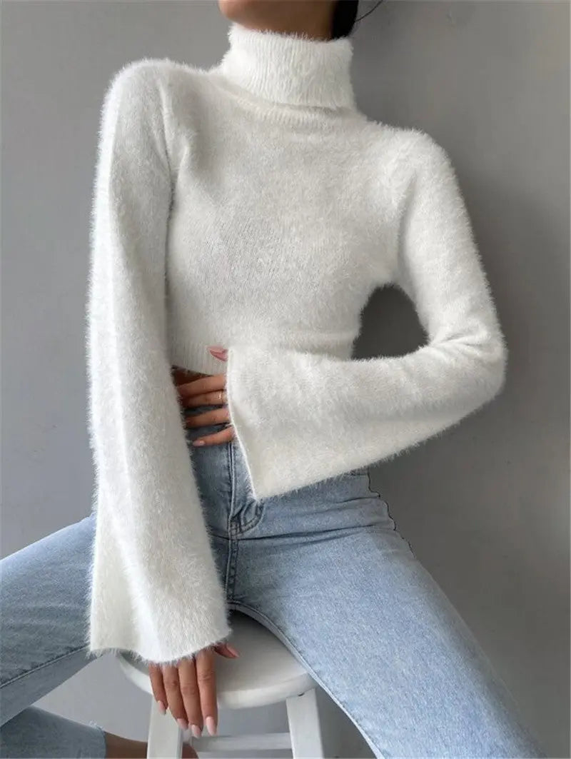 Autumn Winter High Neck Short Exposed Cropped Plush Sweater Zinnia