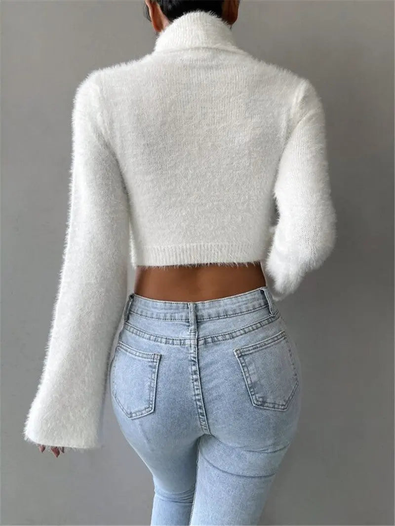 Autumn Winter High Neck Short Exposed Cropped Plush Sweater Zinnia