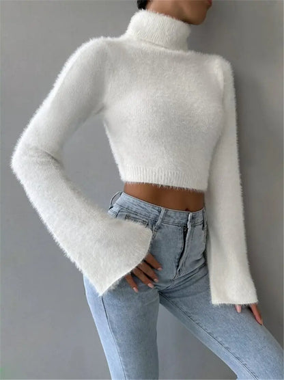 Autumn Winter High Neck Short Exposed Cropped Plush Sweater Zinnia