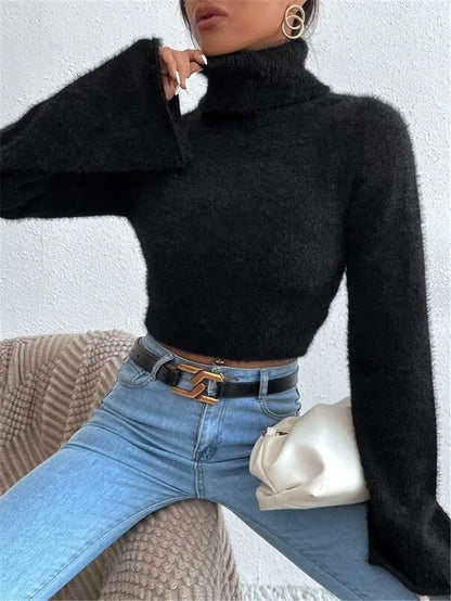 Autumn Winter High Neck Short Exposed Cropped Plush Sweater Zinnia