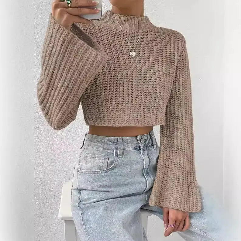 Autumn Winter Solid Color All Matching High Waist Short Bell Sleeve Half Turtleneck Pullover Women Zinnia