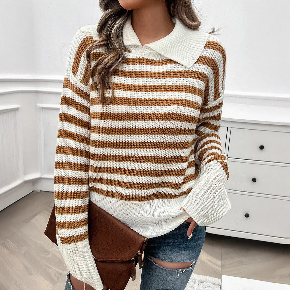 Autumn Winter Women Casual Loose Lapels Striped Long Sleeve Sweater Dee