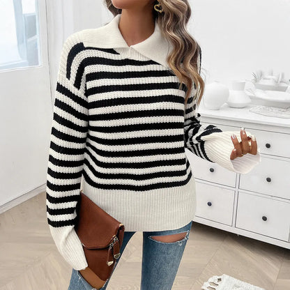 Autumn Winter Women Casual Loose Lapels Striped Long Sleeve Sweater Dee