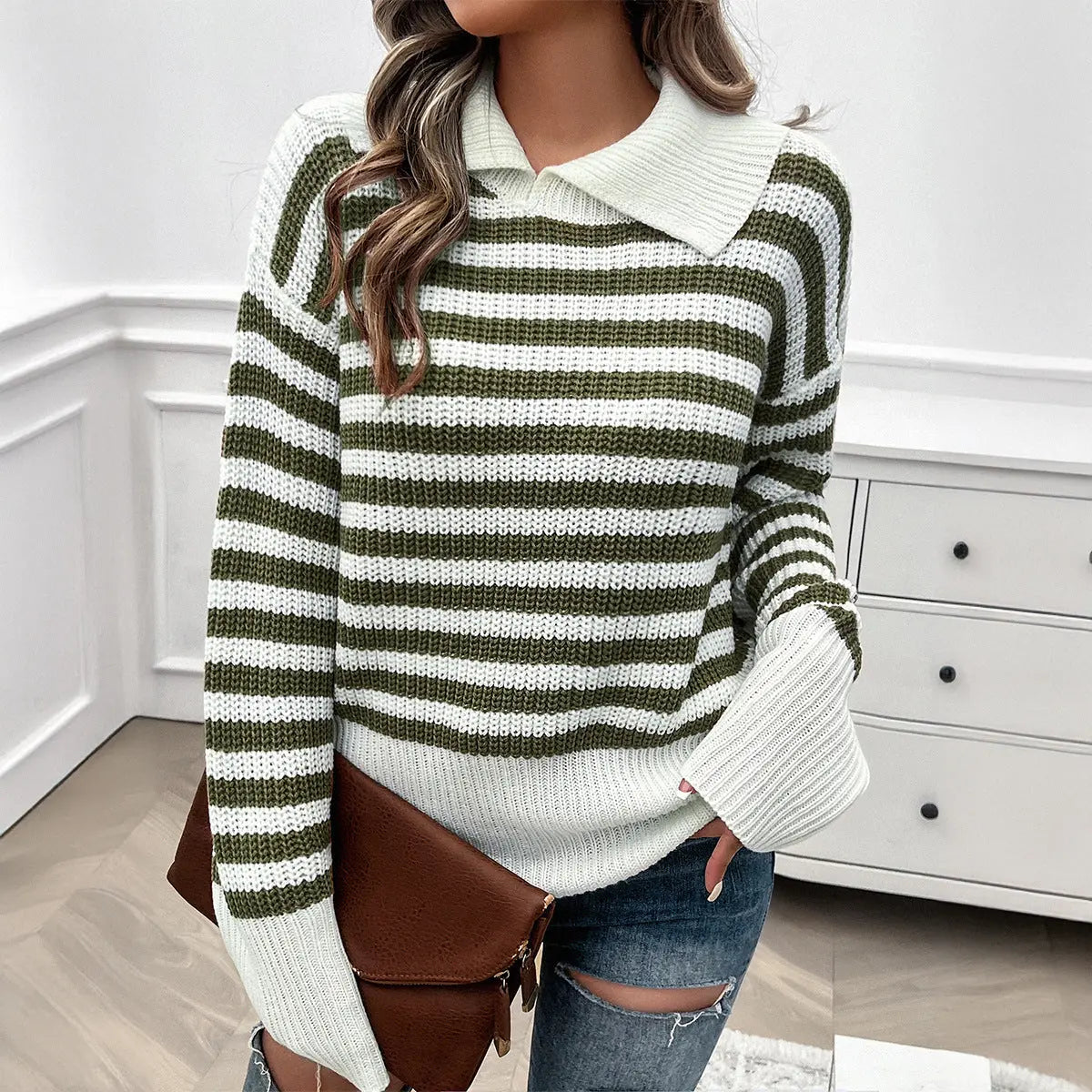 Autumn Winter Women Casual Loose Lapels Striped Long Sleeve Sweater Dee