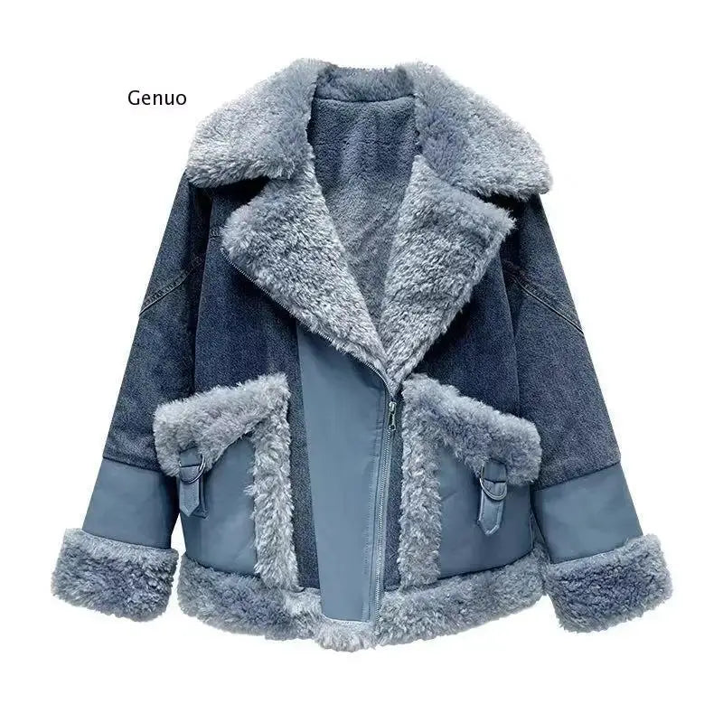 Autumn and Winter New Faux Lamb Wool Stitching Denim Jacket Women's Long Section Loose Plus Velvet Thick Cotton Coat Tide FZwear