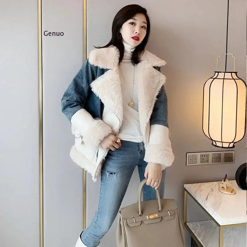 Autumn and Winter New Faux Lamb Wool Stitching Denim Jacket Women's Long Section Loose Plus Velvet Thick Cotton Coat Tide FZwear