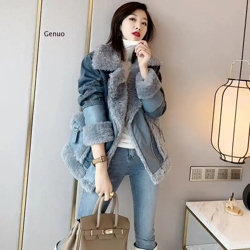 Autumn and Winter New Faux Lamb Wool Stitching Denim Jacket Women's Long Section Loose Plus Velvet Thick Cotton Coat Tide FZwear