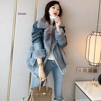 Autumn and Winter New Faux Lamb Wool Stitching Denim Jacket Women's Long Section Loose Plus Velvet Thick Cotton Coat Tide FZwear