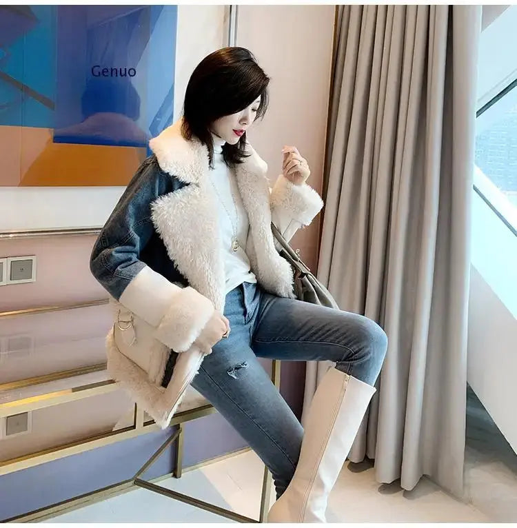 Autumn and Winter New Faux Lamb Wool Stitching Denim Jacket Women's Long Section Loose Plus Velvet Thick Cotton Coat Tide FZwear