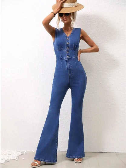 Benuynffy Half Button V-neck Sleeveless Denim Jumpsuit Women's Summer High Waist Casual Office Stretch Flared Pants Streetwear FZwear