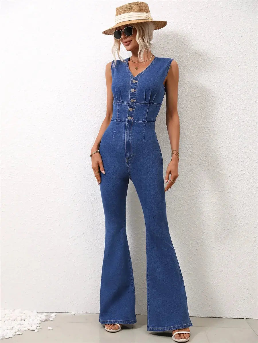 Benuynffy Half Button V-neck Sleeveless Denim Jumpsuit Women's Summer High Waist Casual Office Stretch Flared Pants Streetwear FZwear