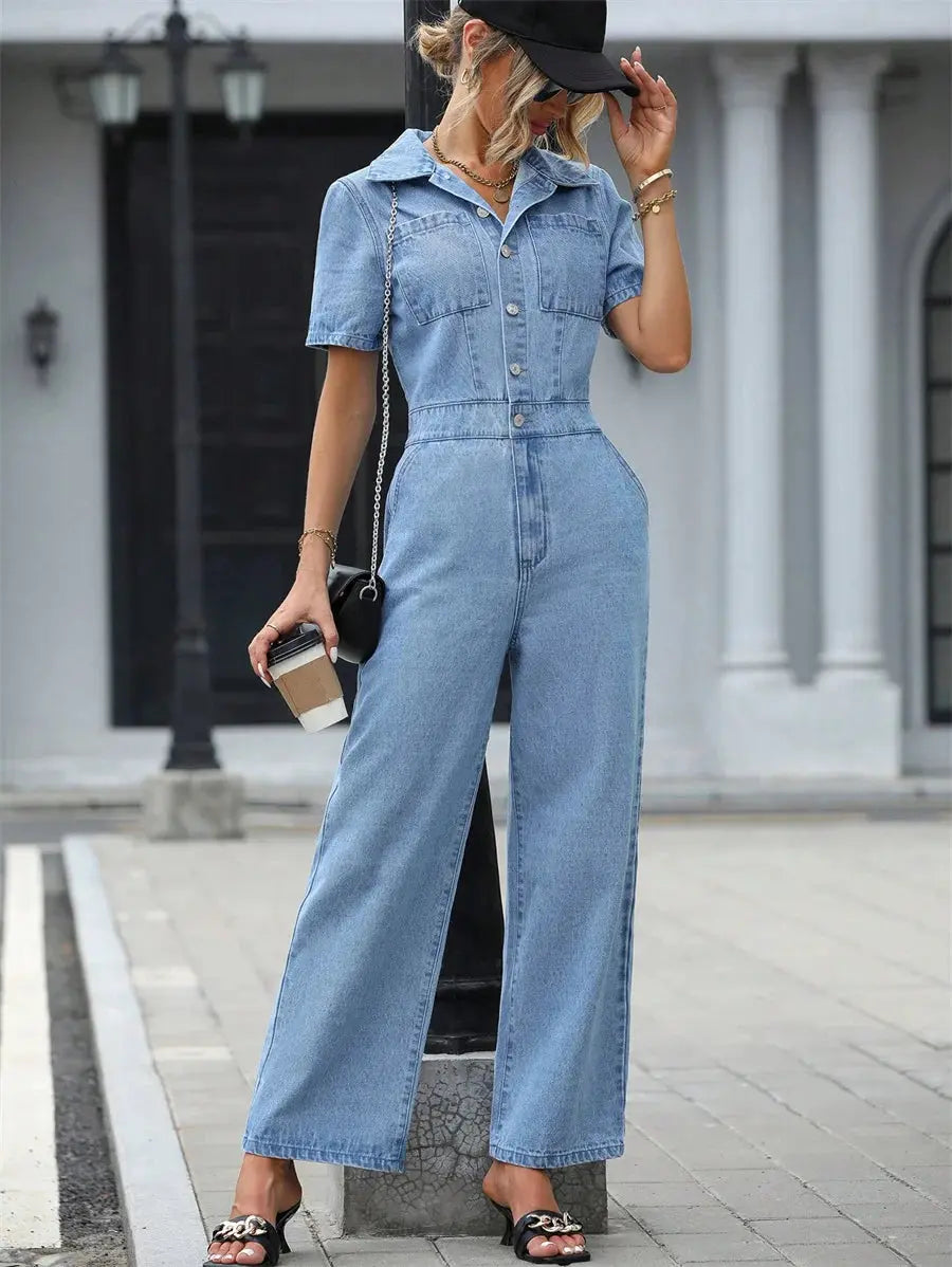 FZ Women's Casual Wide Leg Streetwear Half Button Short Sleeve Denim Jumpsuit - FZwear