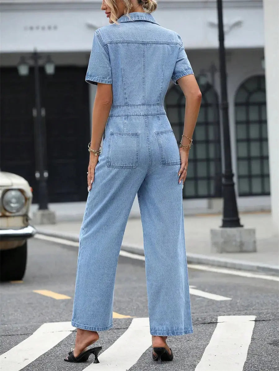 Benuynffy Summer Short Sleeve Denim Jumpsuit Women Pockets Casual Loose Wide Leg Pants Streetwear Half Button Jean Overalls FZwear