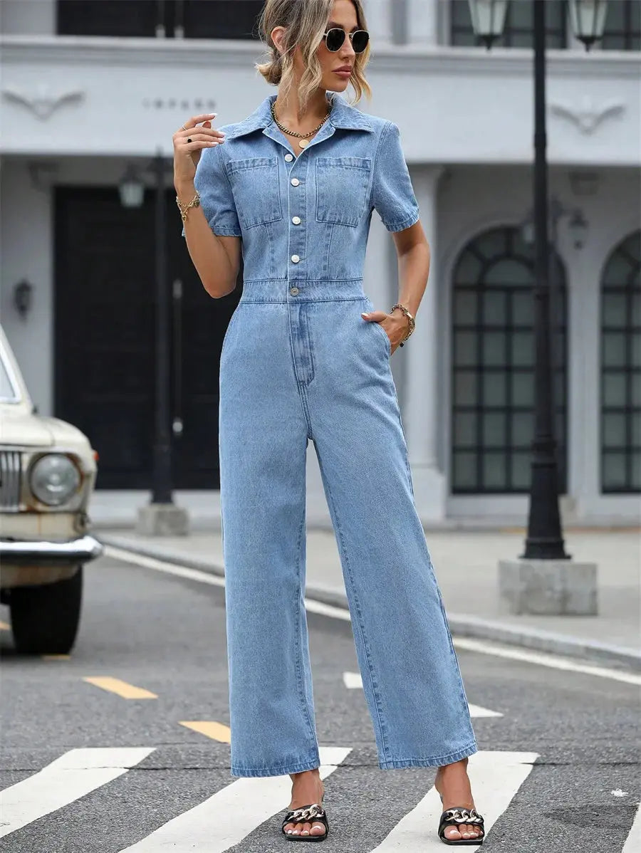 Benuynffy Summer Short Sleeve Denim Jumpsuit Women Pockets Casual Loose Wide Leg Pants Streetwear Half Button Jean Overalls FZwear