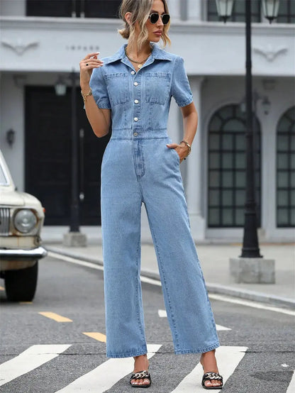 Benuynffy Summer Short Sleeve Denim Jumpsuit Women Pockets Casual Loose Wide Leg Pants Streetwear Half Button Jean Overalls FZwear