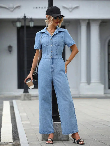 Benuynffy Summer Short Sleeve Denim Jumpsuit Women Pockets Casual Loose Wide Leg Pants Streetwear Half Button Jean Overalls FZwear