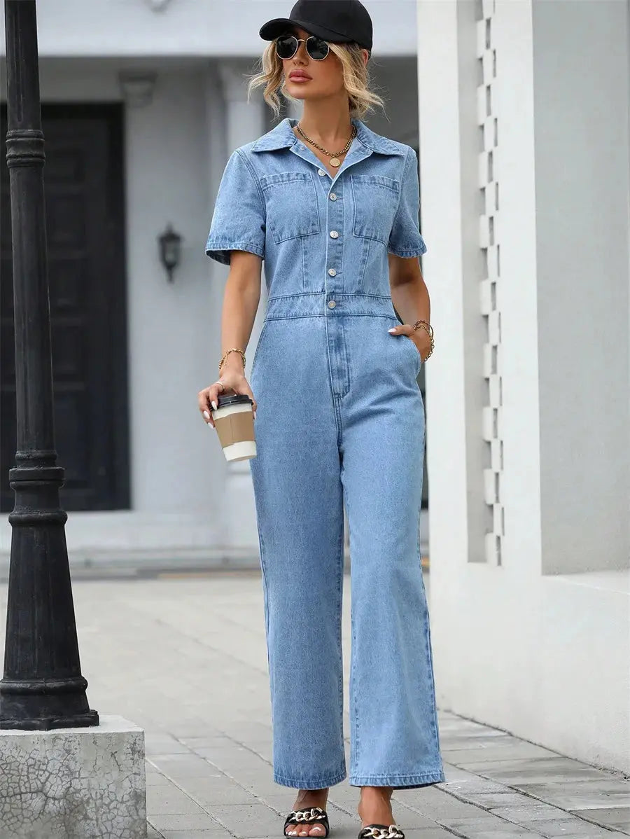 Benuynffy Summer Short Sleeve Denim Jumpsuit Women Pockets Casual Loose Wide Leg Pants Streetwear Half Button Jean Overalls FZwear