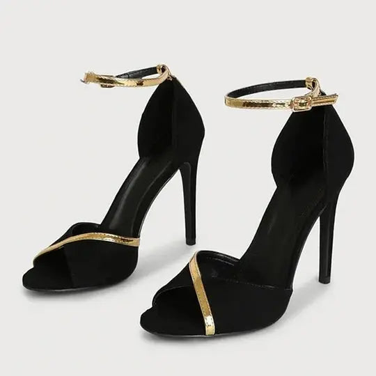 FZ Women's Black & Gold Buckle Peep Toe Stiletto Heels Ankle Strap Shoes