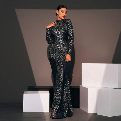 Black dress 2024 Women elegant Long sleeve Sequined formal occasion luxury Cocktail Prom Evening Party Mermaid Maxi dresses FZwear