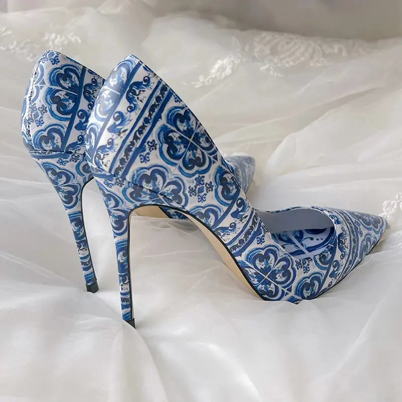 Blue and White Porcelain Print Classics Stiletto Pumps Brand Design Flower Pattern Party Banquet Women‘s Heels Summer FZwear