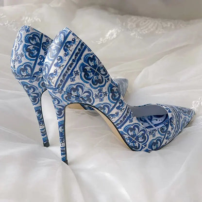 Blue and White Porcelain Print Classics Stiletto Pumps Brand Design Flower Pattern Party Banquet Women‘s Heels Summer FZwear