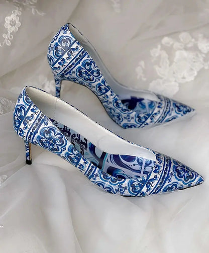 Blue and White Porcelain Print Classics Stiletto Pumps Brand Design Flower Pattern Party Banquet Women‘s Heels Summer FZwear