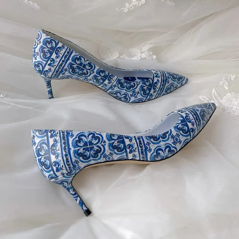 Blue and White Porcelain Print Classics Stiletto Pumps Brand Design Flower Pattern Party Banquet Women‘s Heels Summer FZwear