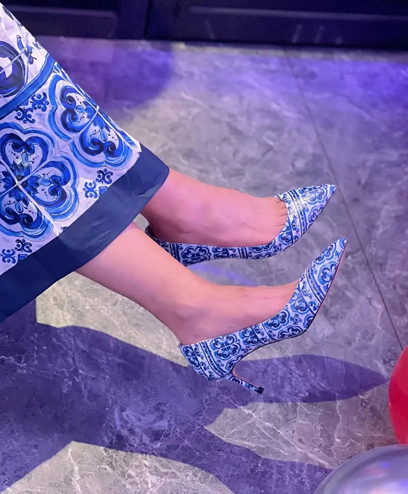 Blue and White Porcelain Print Classics Stiletto Pumps Brand Design Flower Pattern Party Banquet Women‘s Heels Summer FZwear