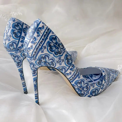 FZ Women's Blue and White Porcelain Print Stiletto Pumps Flower Pattern Shoes