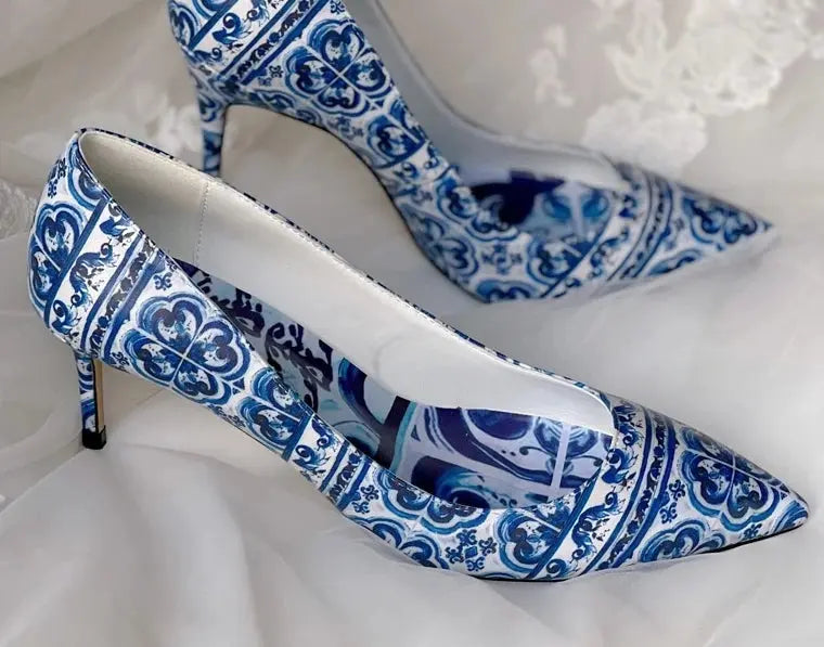 FZ Women's Blue and White Porcelain Print Stiletto Pumps Flower Pattern Shoes